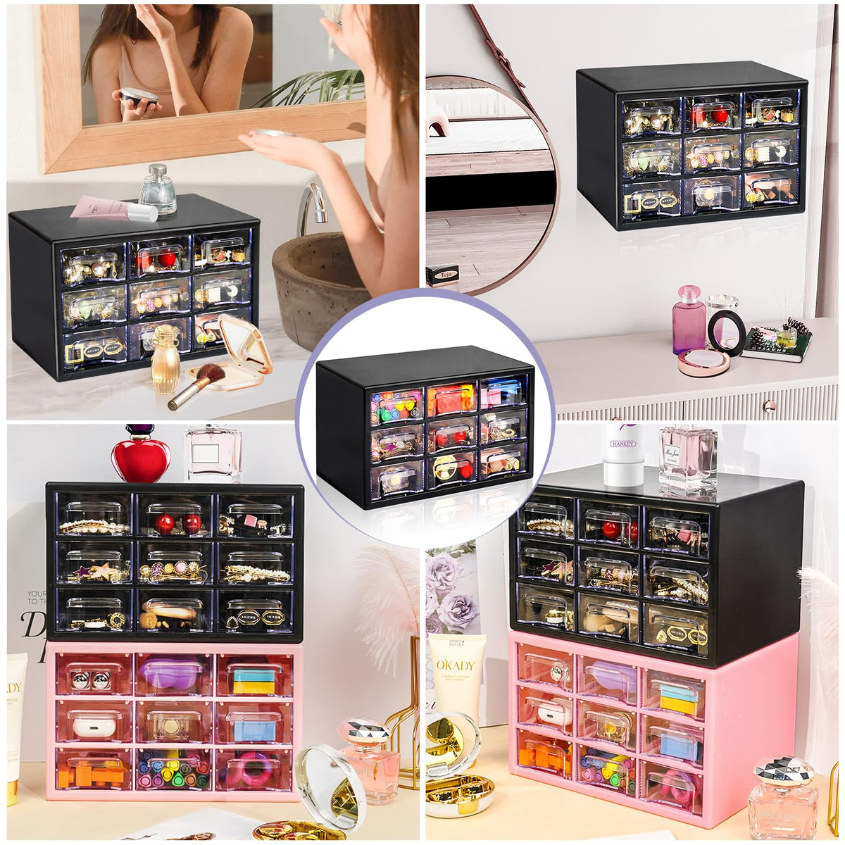 Desk Storage Organizer with 9 Drawers, FODIENS Stackable Desktop Craft Drawer Cabinet, Clear Storage Box Caddy for Makeup Jewelry Office Craft Supplies (9.84×6.3×5.9in) (Black)