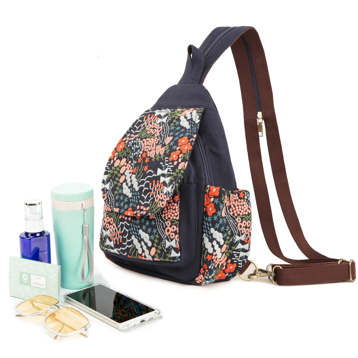 SILKAREA Canvas Sling Backpack Purse for Women Embroidered Flowers Travel Backpack Crossbody Bag Shoulder Bag (Embroidered B)
