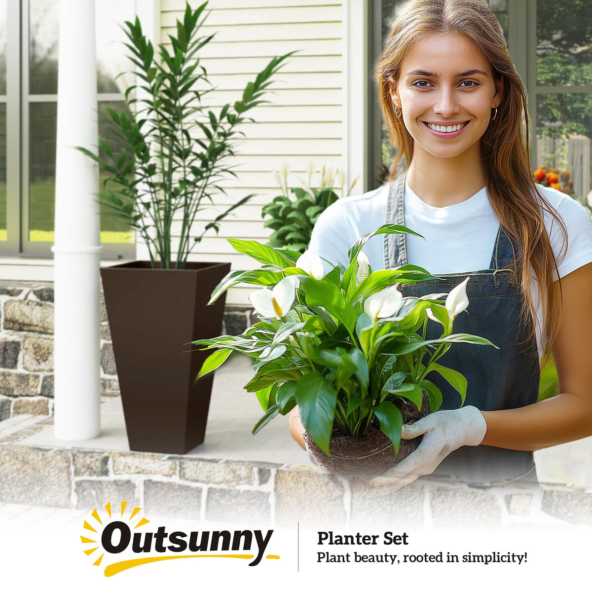 Outsunny Tall Planters for Outdoor Plants Set of 3, 28 in Taper Planters with Drainage Holes, Indoor Grande Plant Pots, Front Porch Decor, Brown