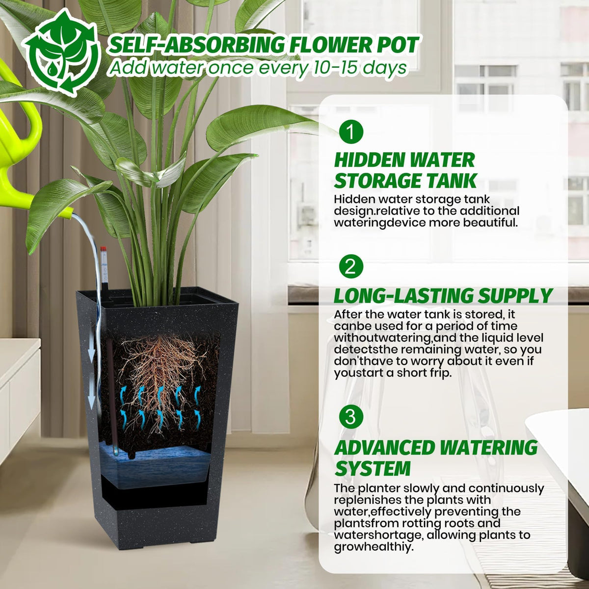 22 Inch Tall Planters Set of 2, Self-Watering Large Outdoor Indoor Planter Pots with Drainage Holes & Water Level Monitor, Planters with Inner Bucket and Movable Wheels for Patio, Front Porch, Garden