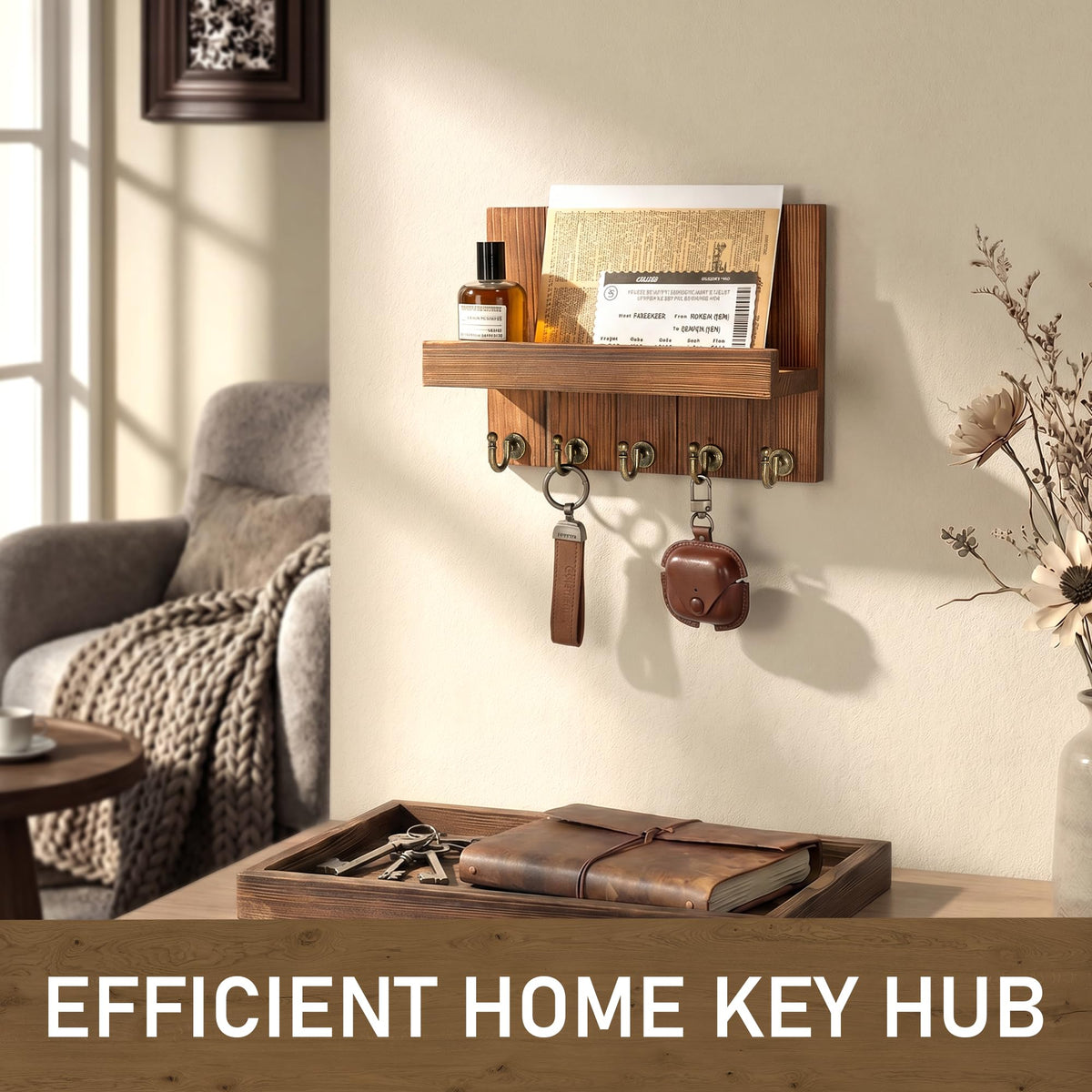 Rebee Vision Pine Wood Key Holder Wall Mount for Home Decor – Farmhouse Key Holder for Wall with Hooks & Floating Shelf – Ideal Mail Organizer for Home Organizaition (3.54" x 10" x 7.28", Retro Brown)