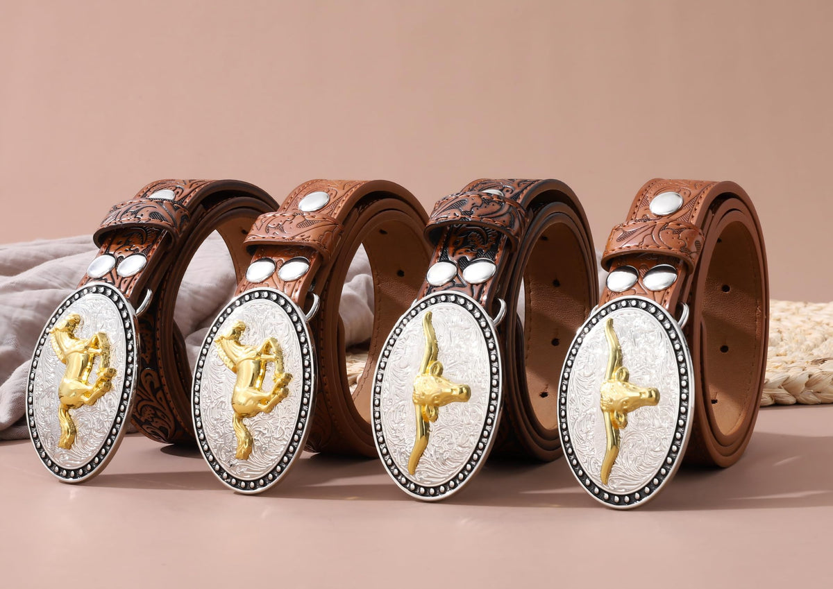 AWAYTR Kids Western Belt with Detachable Buckle - PU Leather, 3 Sizes (23"-34.5"), Adjustable for Daily Wear & Halloween (Cow Buckle-Brown, Fit Waist: 26.5"-30")