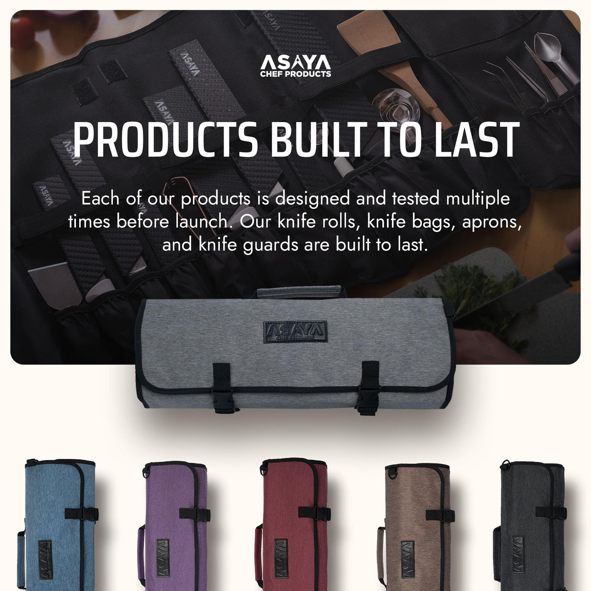 Asaya Waxed Nylon Chef Knife Roll Bag with 20 Slots and Zippered Pockets - Professional Chef Knife Bag & Storage Case, Tool Carrier with Shoulder Strap - Knives Not Included (Grey)