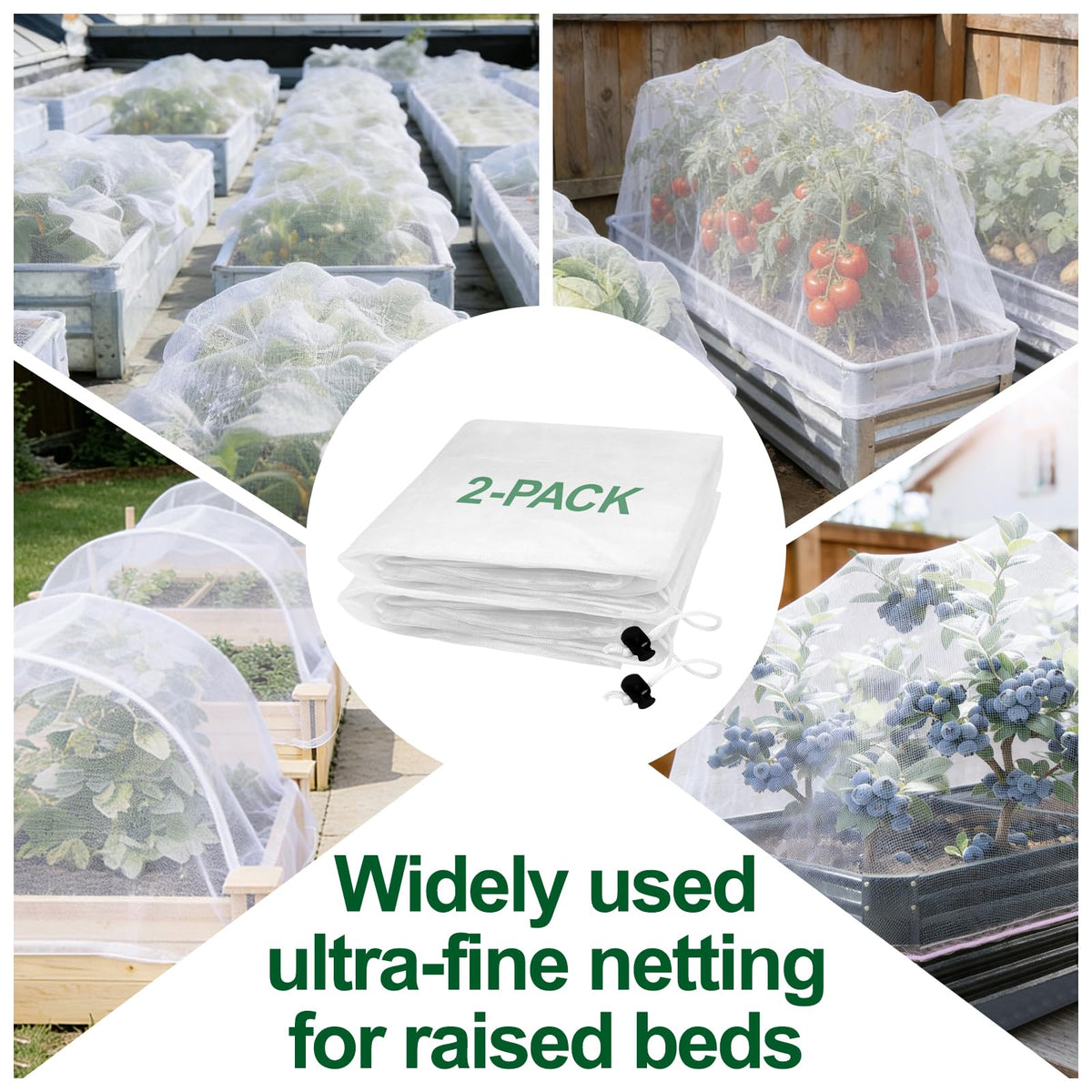 2 Pack Garden Netting for 4x2FT Raised Beds, Ultra-Fine Mesh Plant Covers with Drawstring, Bird, Pest & Small Animal Barrier for Vegetables, Fruits & Flowers