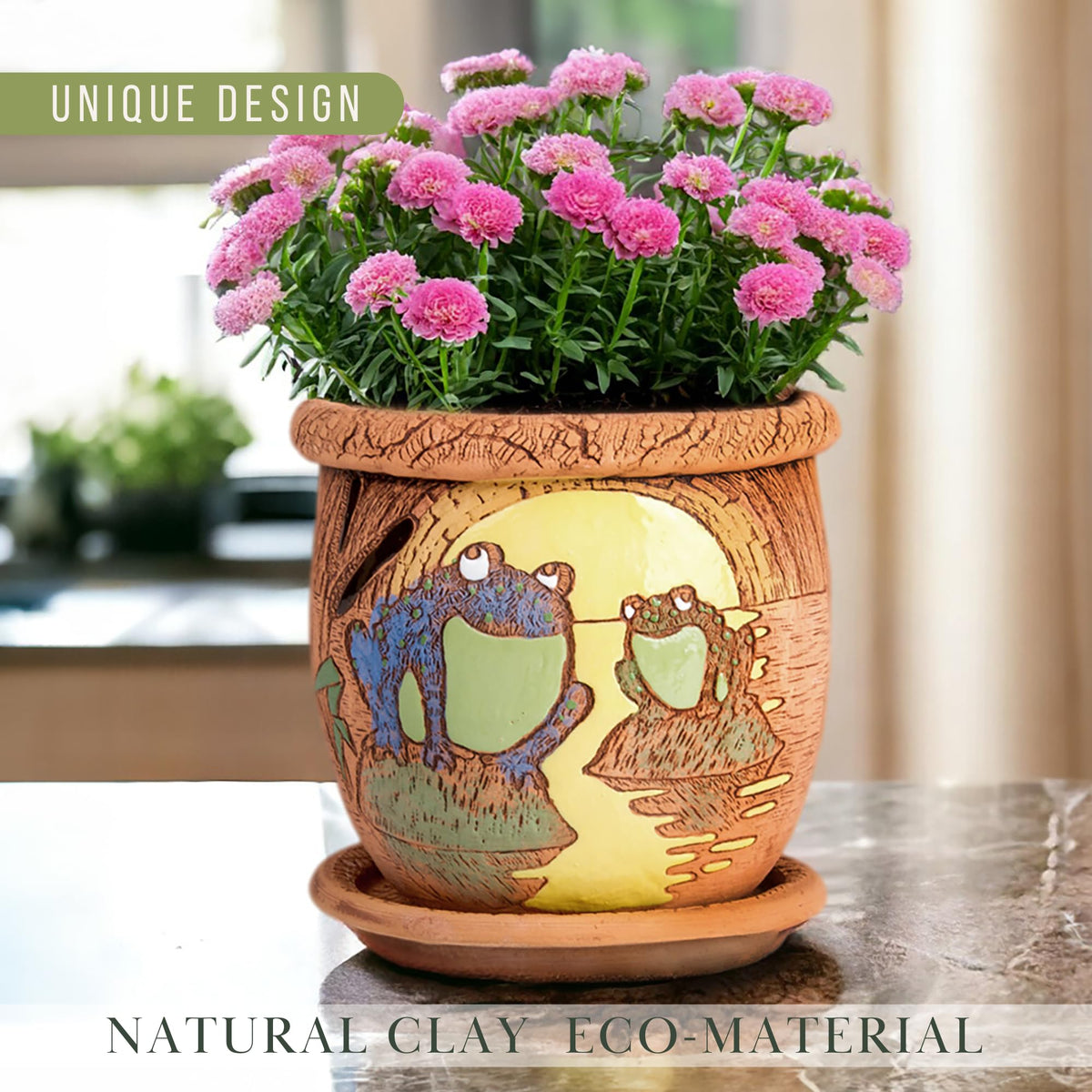 STP GOODS Ceramic Pot with Drainage Hole and Saucer, Plant Pots, Modern Decorative Planters for House Plants Indoor Flowers Plants, Cute Flower Pot - Gifts (Frogs (3 L))