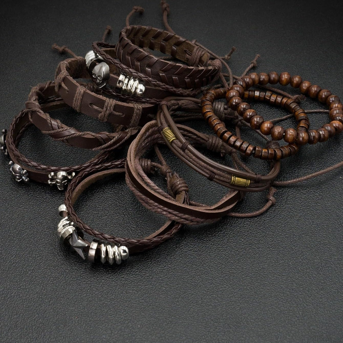 Aijewelop 10pcs/set Men's Brown Multi-layer Punk Style Bracelet Beaded Skull Head Hip-hop Bracelet Set Pu Leather Cuff Jewelry Gift