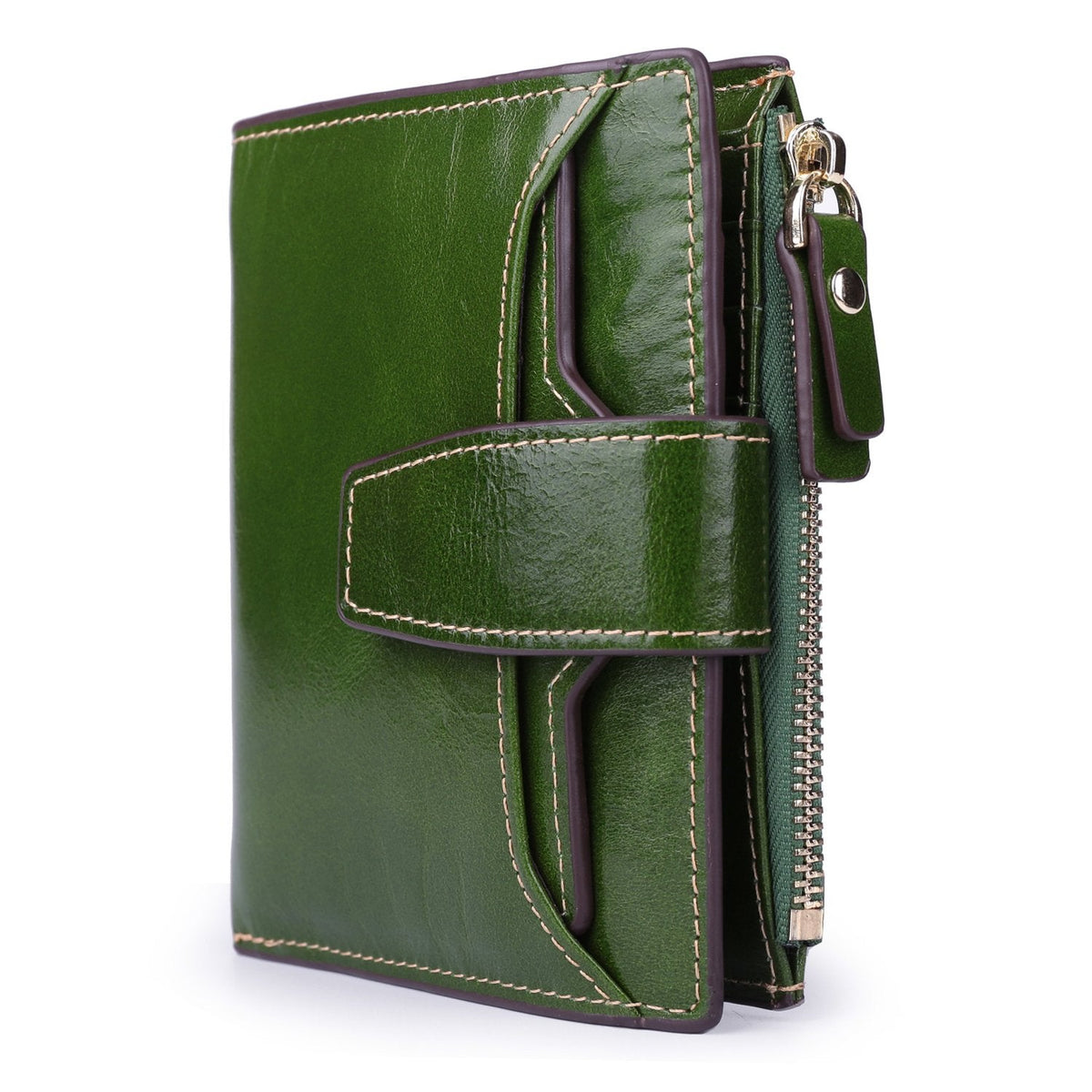 AINIMOER Women's RFID Blocking Leather Bi-fold Wallet, Waxed Green