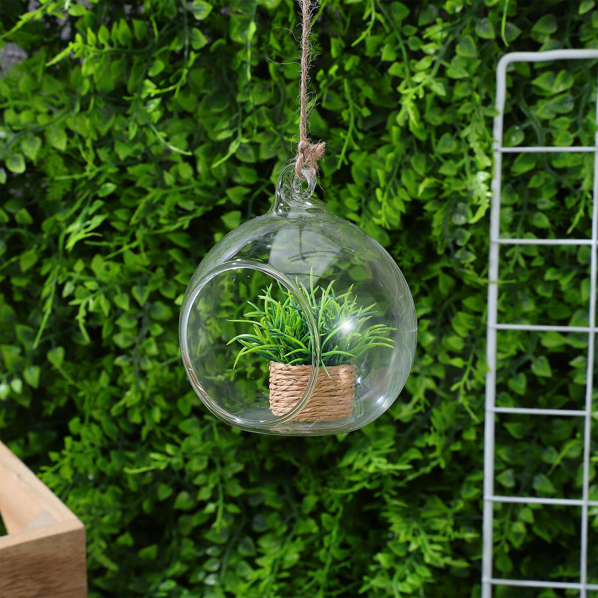 JEWEDECO 5pcs Hanging Glass Terrarium Ball Vase with 4.5cm Opening, Glass Hanging Tealight Holder for Air Plants and Candles, Includes 1.2m Jute Rope for Home Décor and Garden Display