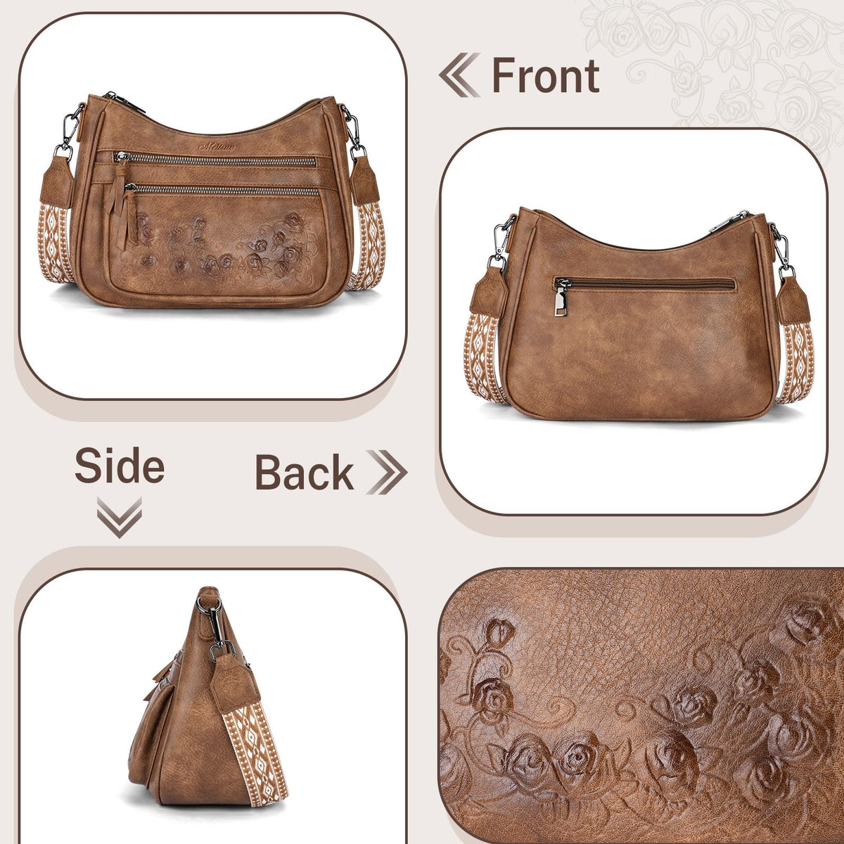 MEITRUE Crossbody Bags for Women Vegan Leather Medium Hobo Purse Women's Hobo Bag Shoulder Handbag with Rose Embossed Design Detachable Wide Strap