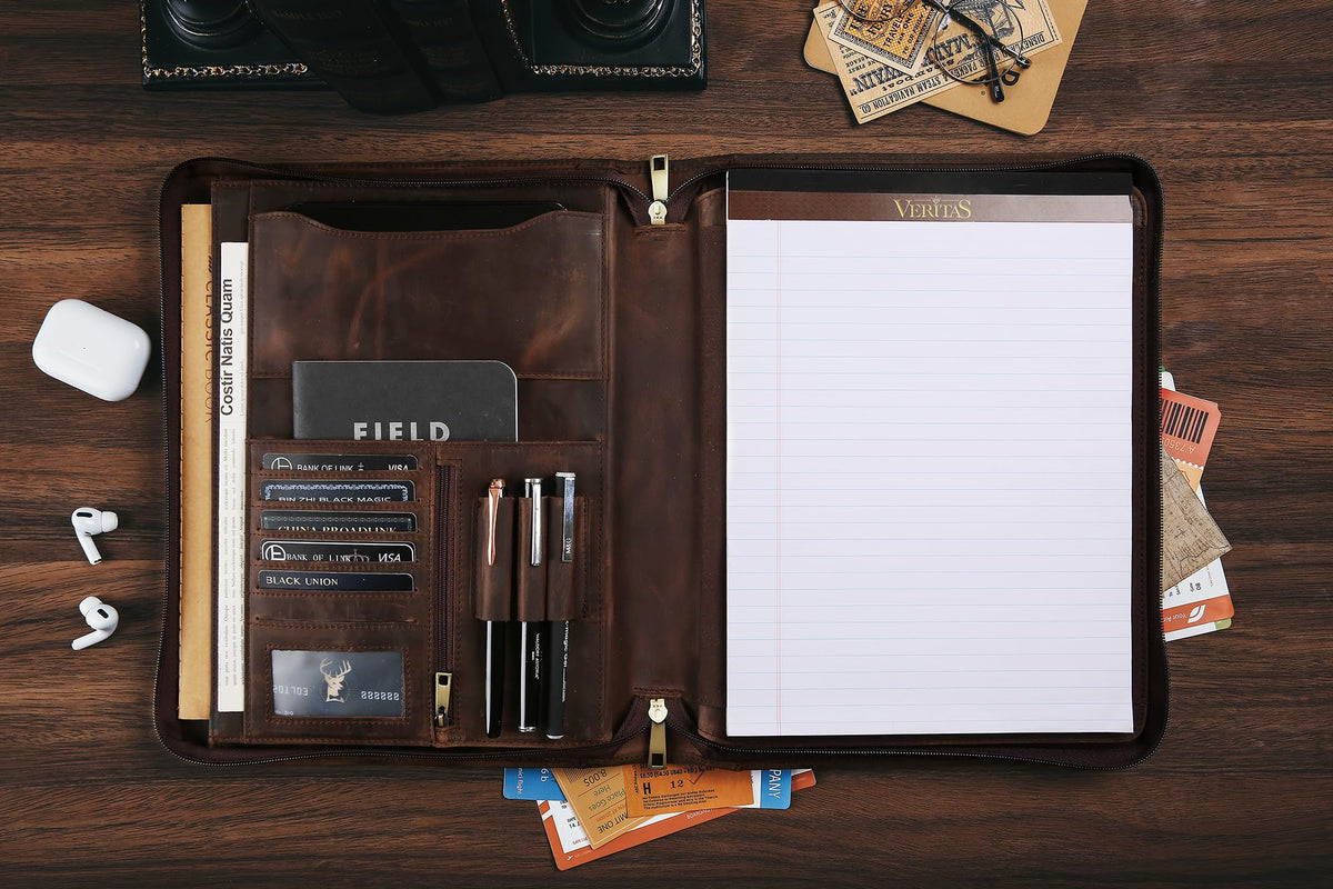 Handmade Genuine Leather Portfolio Organizer for IPad/Document, Business Padfolio with A4 Leather Notepad Holder, Leather Compact Folder Conference Portfolio for Men and Women, Dark Khaki