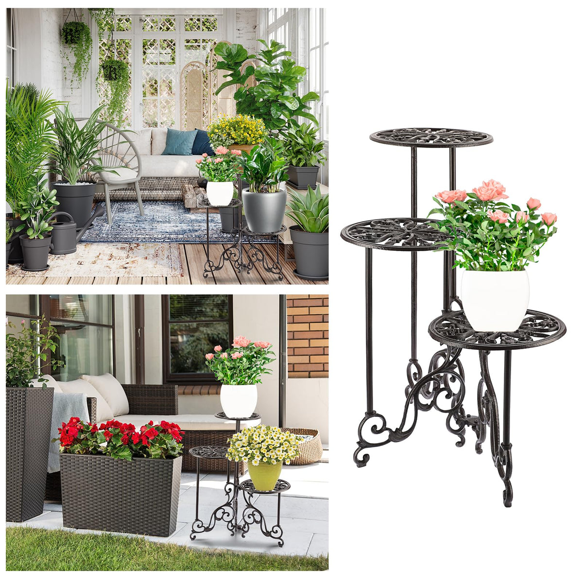 OwnMy 3 Tier Heavy Duty Cast Iron Plant Stand Foldable Wrought Iron Flower Pot Holder, Indoor Outdoor Tall Plant Stand Shelf for Garden Patio, Decorative Round Metal Plant Display Rack, Retro Brown