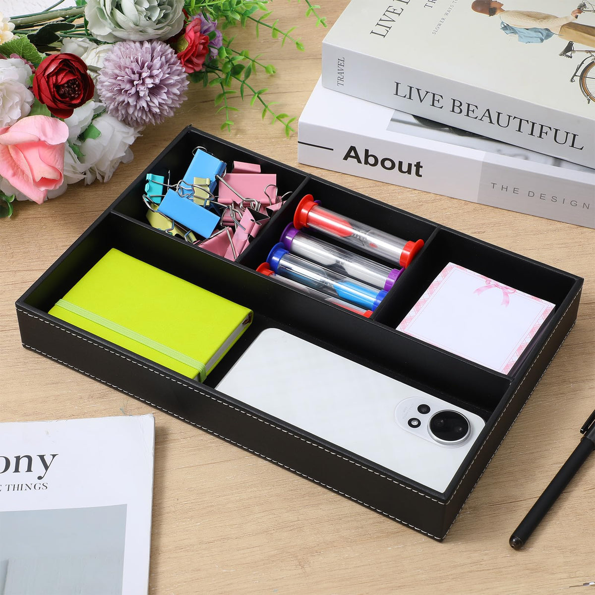 Afcabakila 2 Pieces Leather Valet Tray Nightstand Drawer Organizer Stackable Jewelry Organizer For Drawer Key Wallet Sunglass Watch Coin Phone Bedside Dresser Top Tray Black