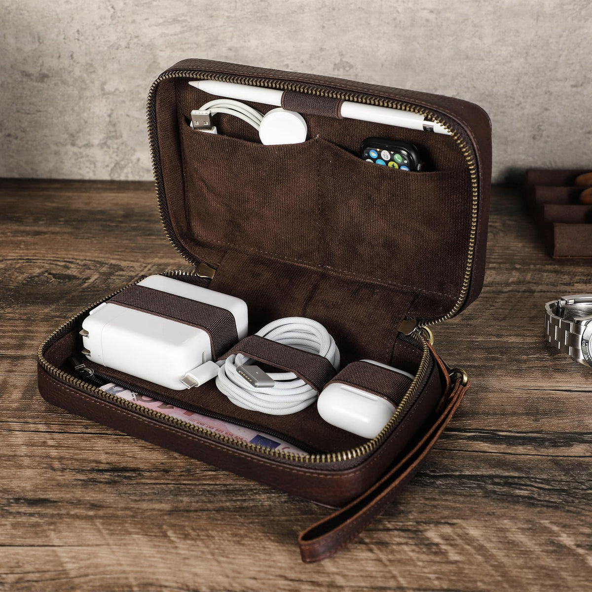 CONTACTS Full Grain Leather Electronic Organizer Travel Tech Case Electronics Accessories Storage Box Portable Holder for for Charger, Cables, Power Bank, Mouse