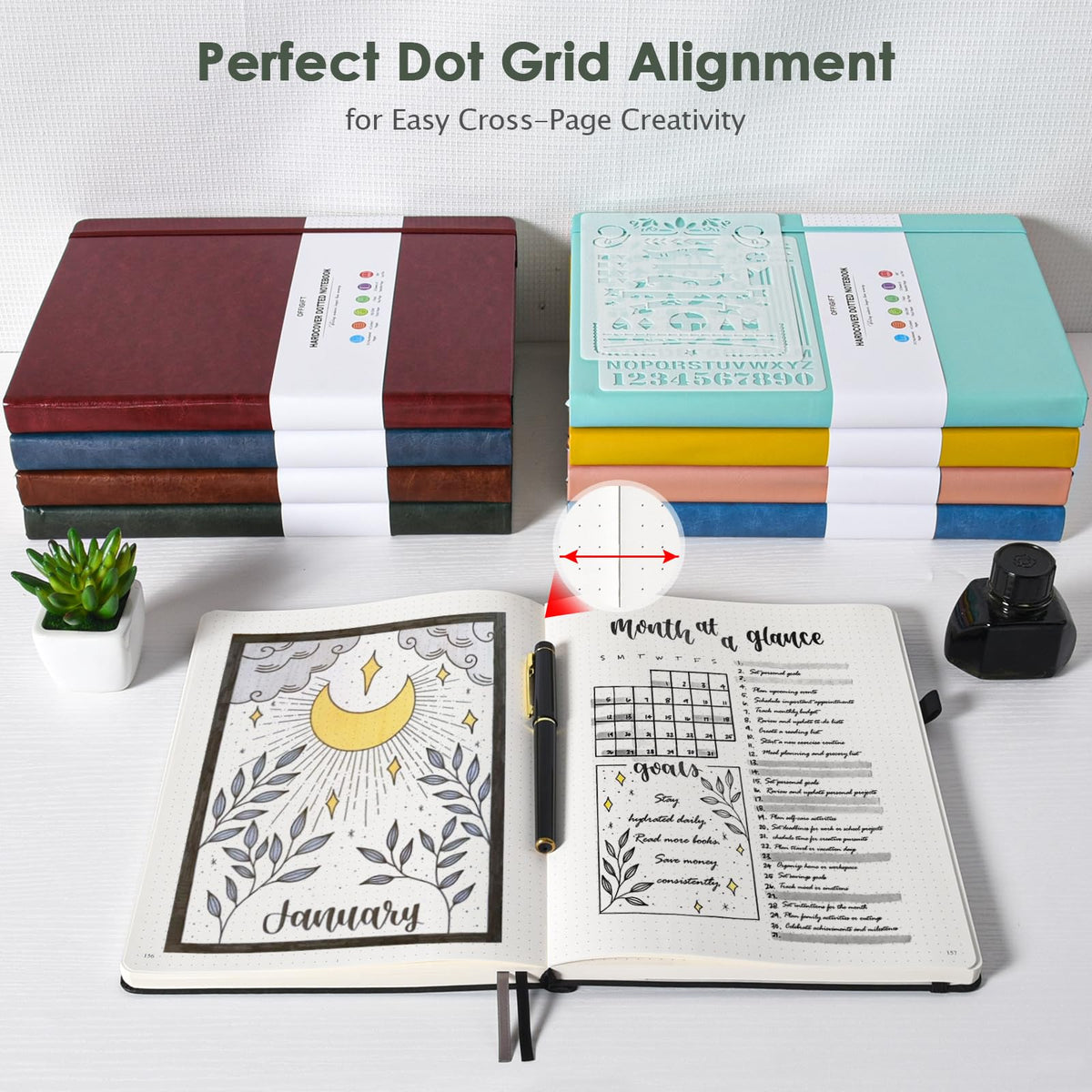 OFFIGIFT Dotted Journal Notebook, 312 Numbered Pages Large B5 Hardcover Leather Notebook, 100gsm No Bleed Paper Dot Grid Notebook with Index Pages, Dot Journal for Women Men, 7.6'' X 10'', Green
