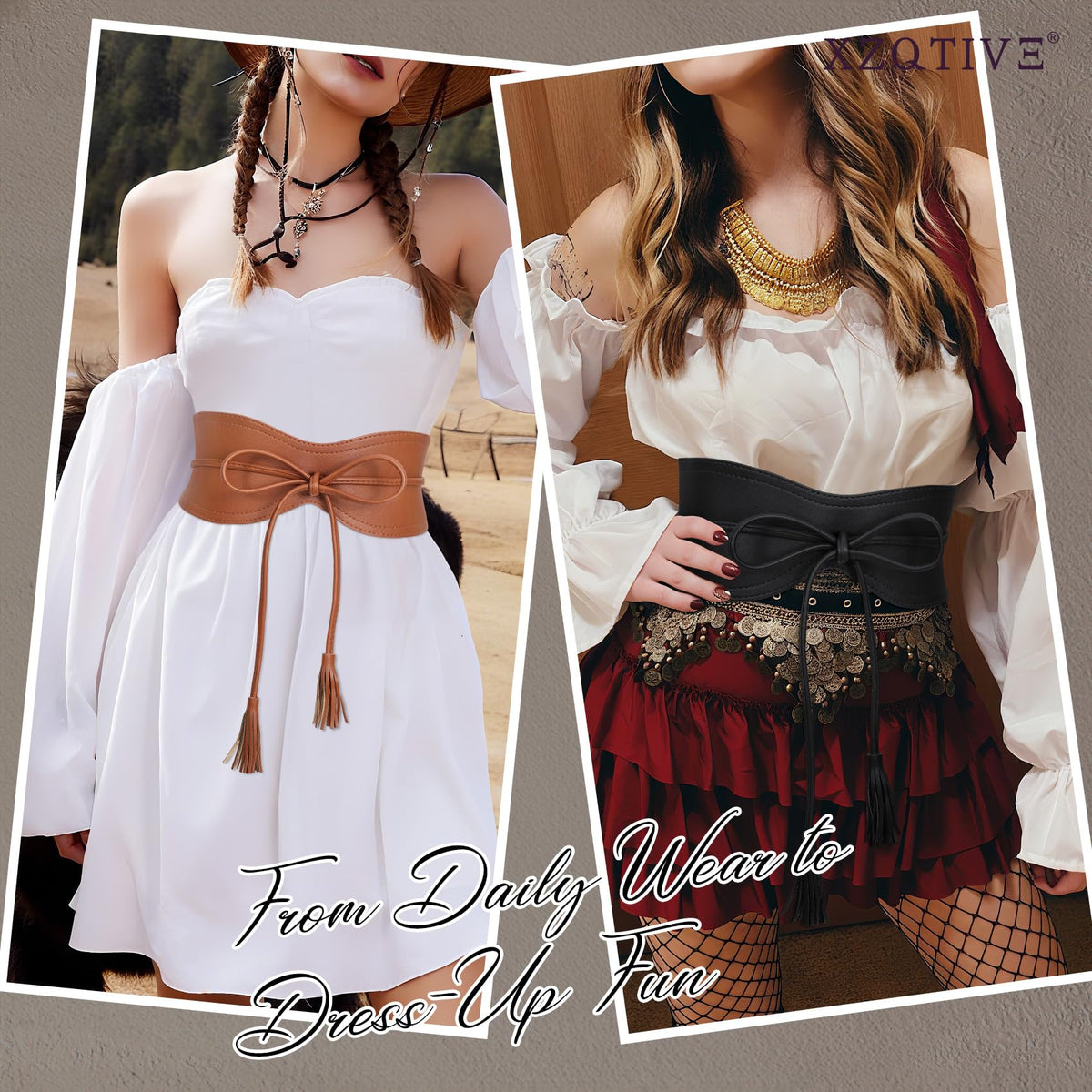 XZQTIVE Women Wide Belt for Dress Fashion Ladies Cinch Obi Belt Waistband with Tassel Tie, Gold(M Fits Waist Size 29"-38")