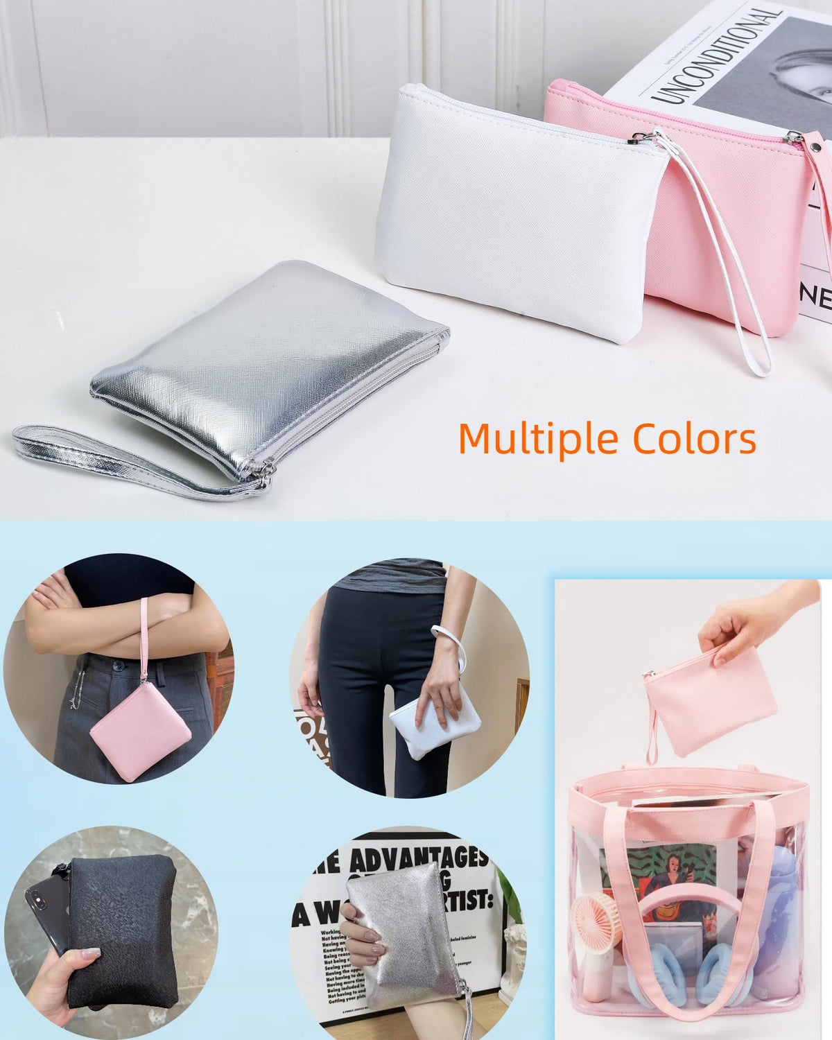 4.5 x 6.5 Clutch Stadium Approved, Leather Coin Purse for Women Wristlet Money Pouches for Cash Car Change with Zipper Lipstick Holder, Extra Small Makeup Bag for Purse Organizer Insert, Brown