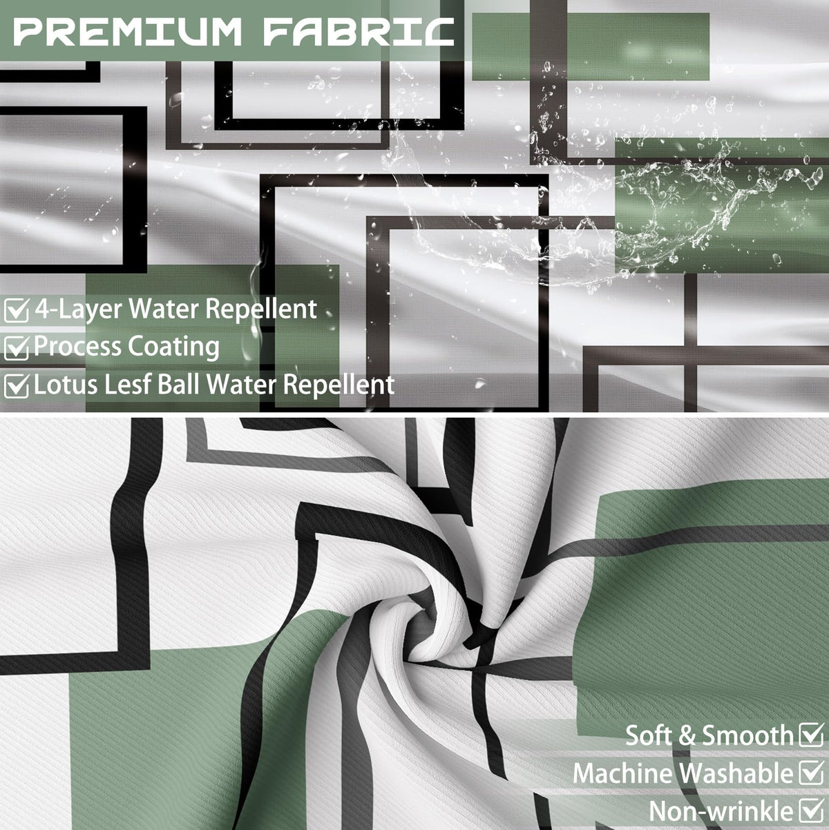 Yieldeer Geometric Shower Curtain, Green and White, 70 x 72 in