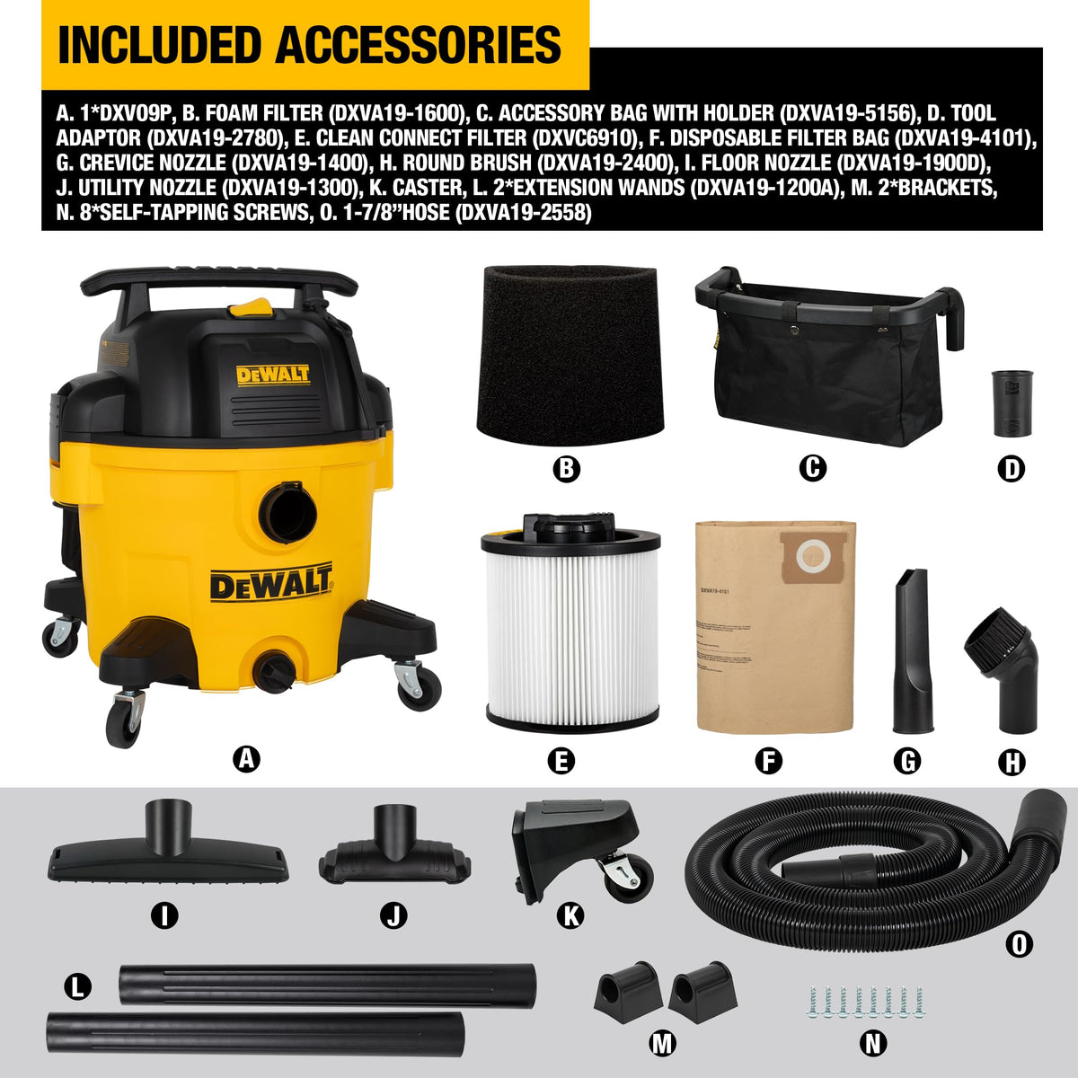 DEWALT Wet and Dry Vacuum 9 Gallon Poly Wet/Dry Vac Yellow Shop Vacuum 5 HP Strong Suction for Jobsite, Workshop 3 in 1 Multi Functions Model: DXV09P
