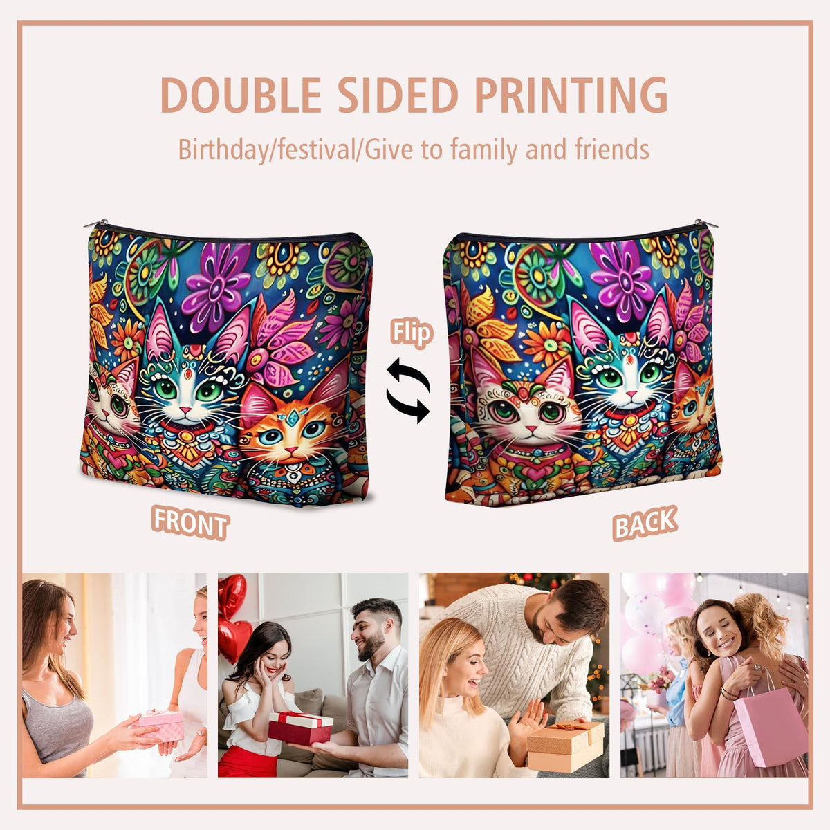Girlly Mom Bohemian Cat Makeup Bag Gift: Cute Boho Cats Themed Cosmetic & Toiletry Organizer Pouch For Daughters, Sisters, Friends,Teen Girls & Women.Ideal Gift For Travel, Birthdays.