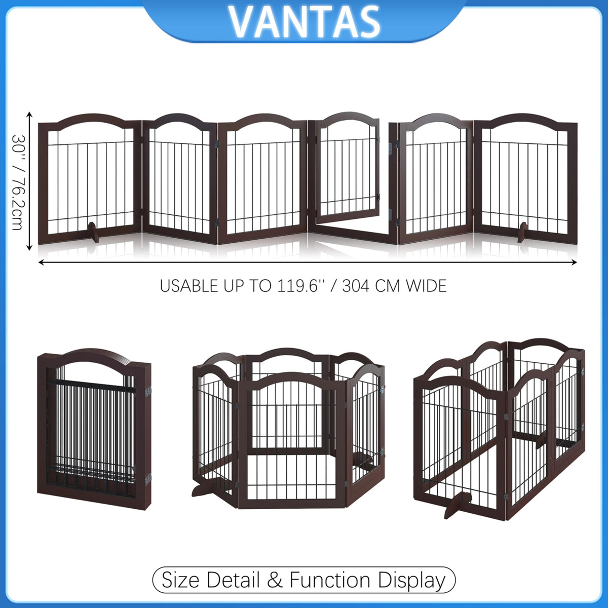 Vantas Espresso Wooden Folding Dog Gate 144" Wide x 30" Tall with Door, Freestanding Pet Gate, Pet Puppy Safety Fence