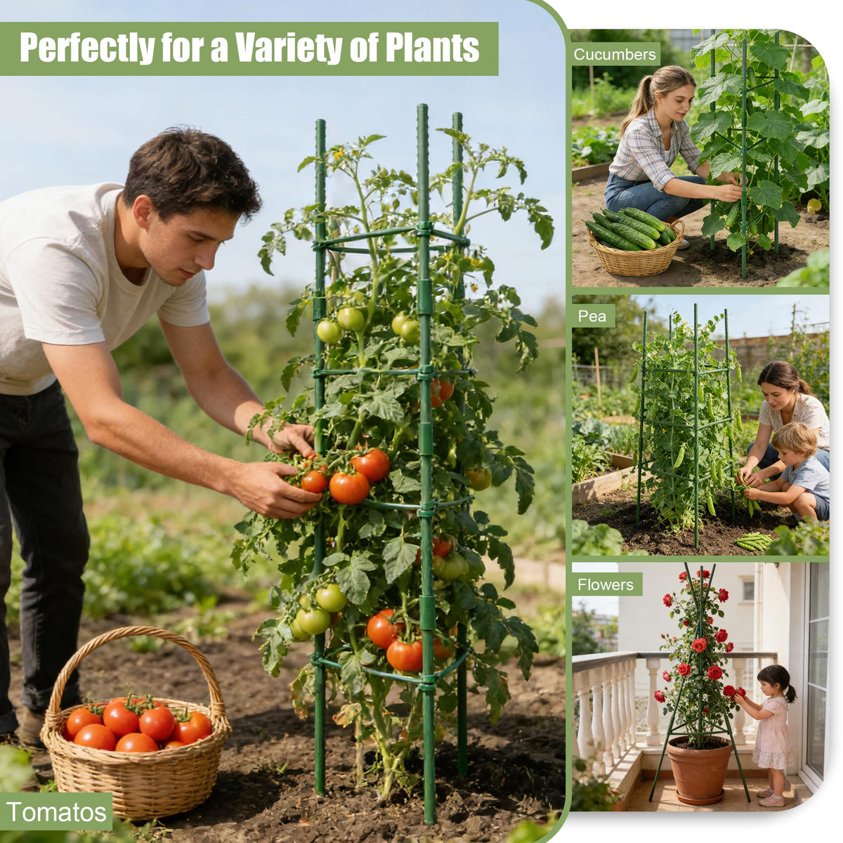 6-Pack Tomato Cages & Trellis – Outdoor Garden Adjustable Plant Support & Stakes for Home Gardeners, Raised Garden Beds & Patio, Supports Climbing Tomatoes, Vegetables & Flowers (Up to 47.2'' High)