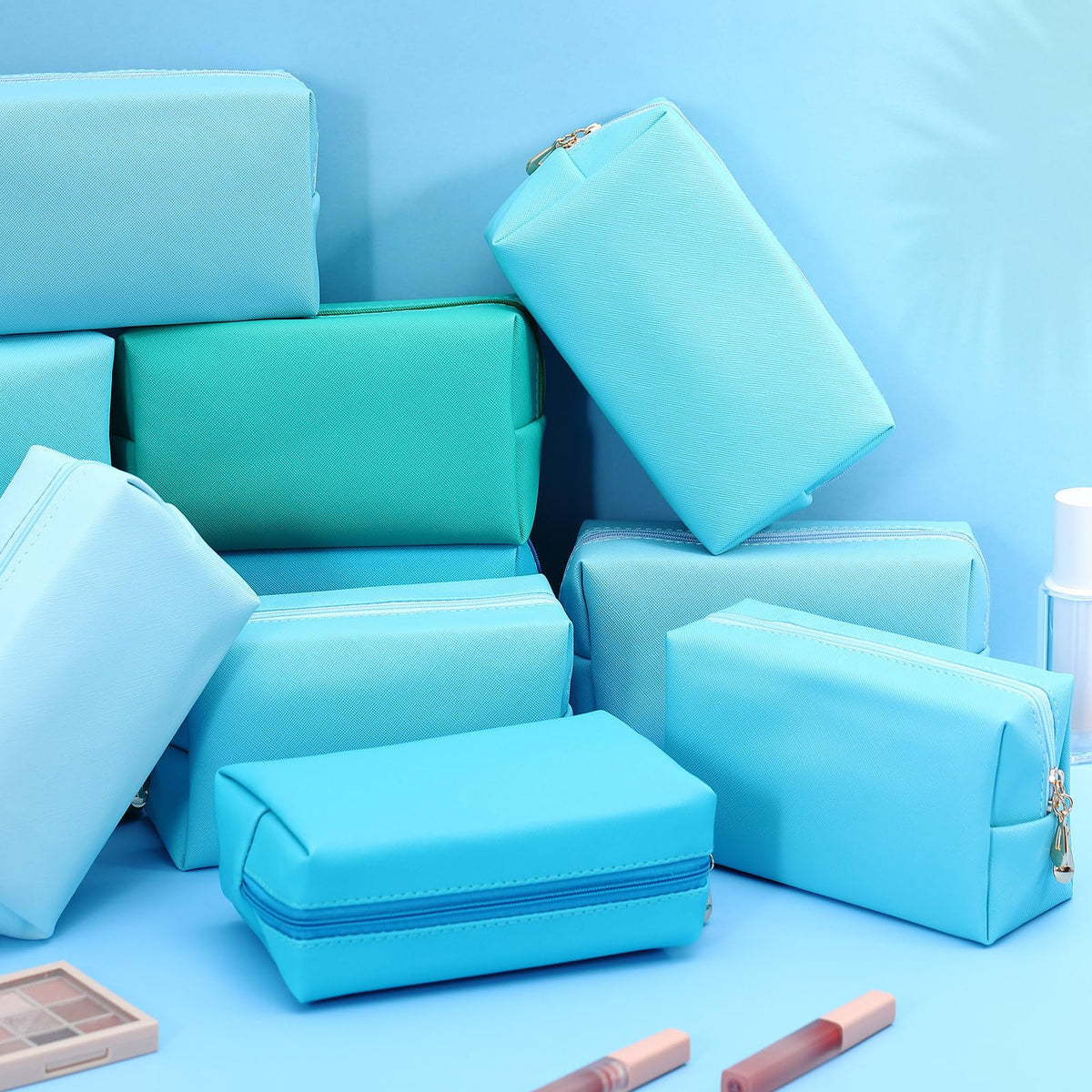 Kigeli Aesthetic Makeup Bags PU Leather Cosmetic Pouches Waterproof Plain Toiletry Bags Makeup Pouches Bulk for Women Party Gift Travel Storage Organizer(Blue Teal,7.1 x 2.8 x 4.3 in)
