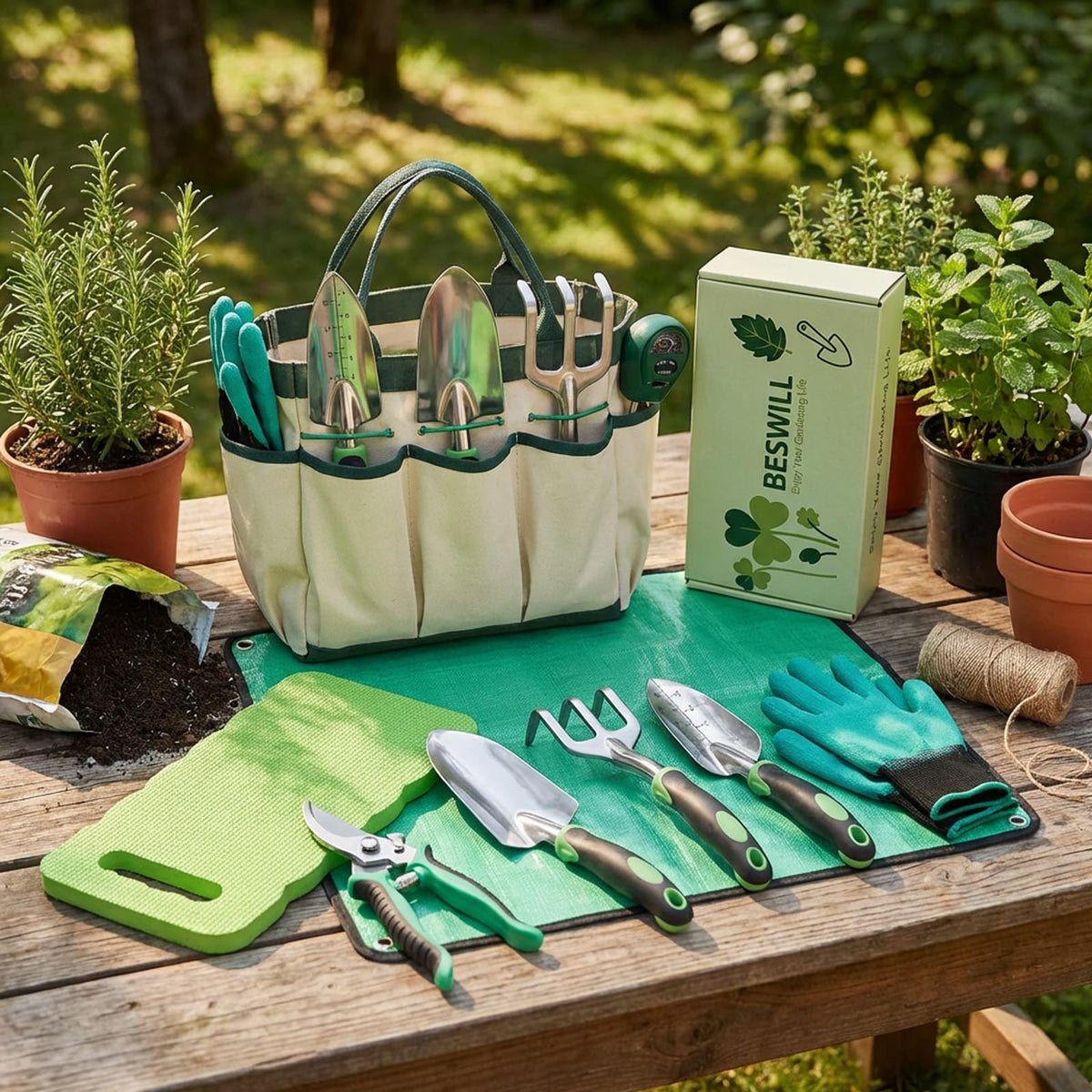 10PCS Heavy-Duty Garden Tools Set for Beginners - Rust-Proof Aluminum Garden Kit with Soil Tester, Repotting Mat & Kneeling Pad, Perfect Gardening Gift for Women, Mom & Beginners