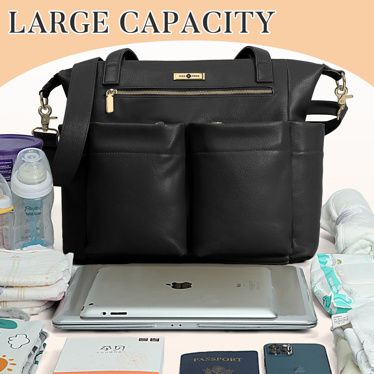 miss fong Diaper Bag Tote Leather Diaper Bag Backpack Pañaleras Para Bebe with 15 Pockets,Leather Diaper Tote with Diaper Changing Pad, Baby Bag for Moms Mommy Bag for Women-Black