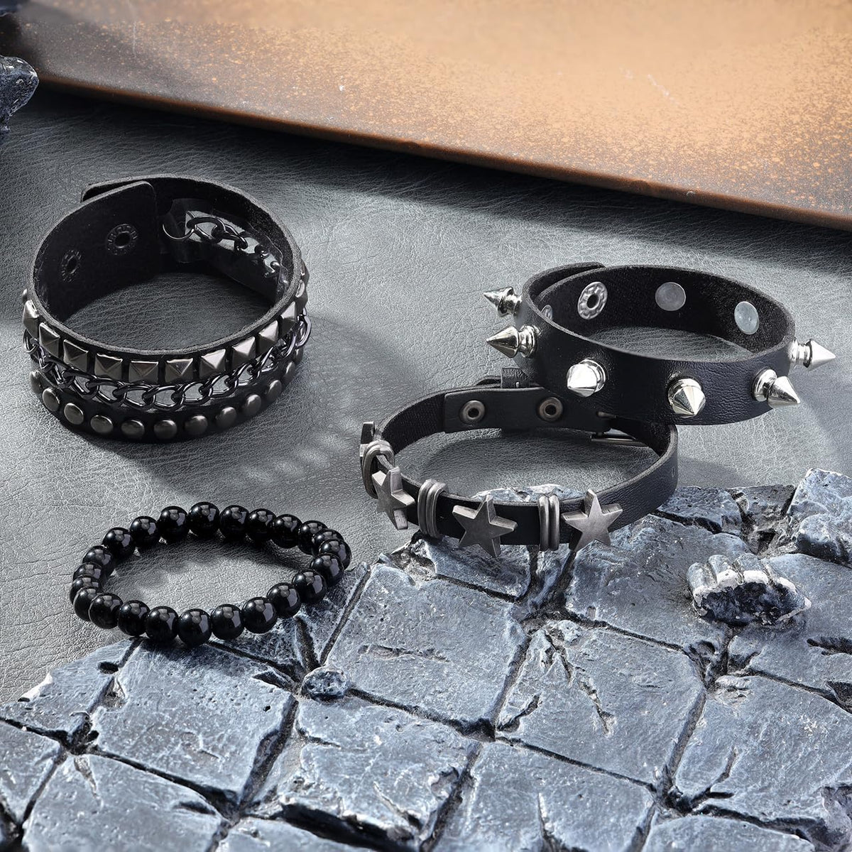JAZTAKU Mens Spiked Studded Bracelet Black Leather Rivet Punk Bracelet Cuff Wrap Bangle Snap Button Metal Wristband for Men Women