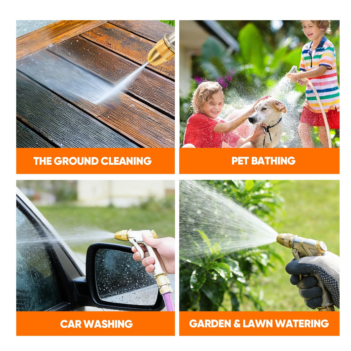 Garden Hose Nozzle, Heavy-Duty Outdoor Water Sprayer with 4 Spray Patterns Leak-Proof Brass Nozzle for Watering Plants, Car Washing, Pet Bathing