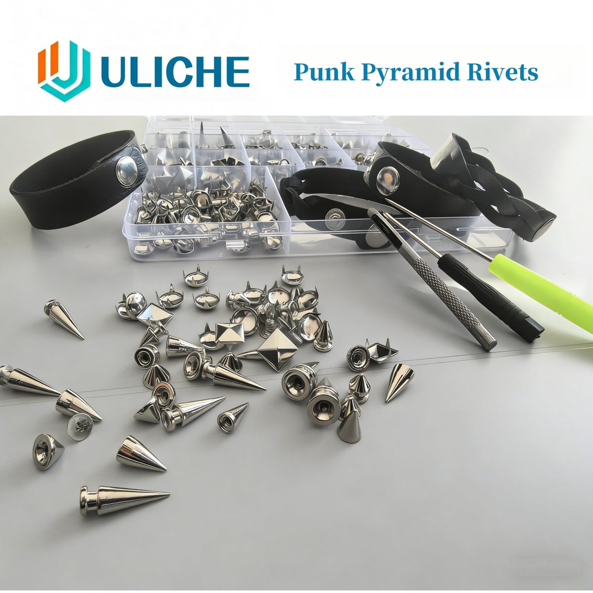 Uliche 559 Pcs Punk Studs and Spikes Kit,8 Sizes Cone Spikes,Square Pyramid&Circular Rivet,Metal Tree Spikes Studs for Clothing and Leathercraft Accessories DIY Craft Decoration,Wristband Included
