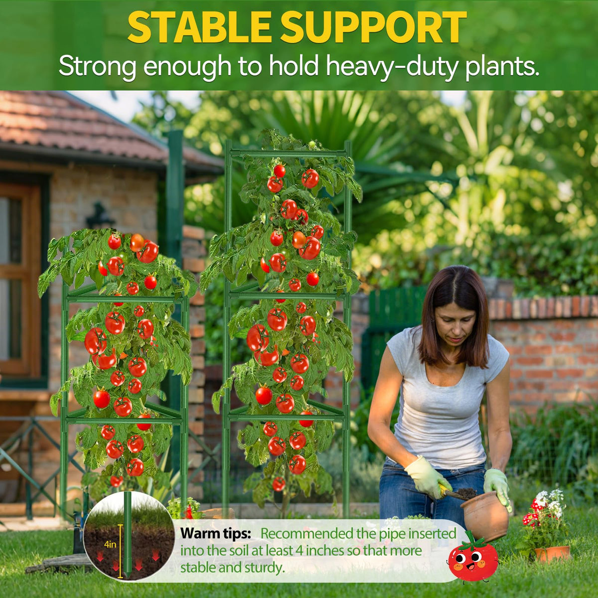 4 Pack Large Tomato Cage for Garden Up to 49" H X 16" W Metal Plant Support Stakes with Clips Triangle Pea Cages Cucumber Trellis for Vegetables Pots Vines Flowers Climbing Plants