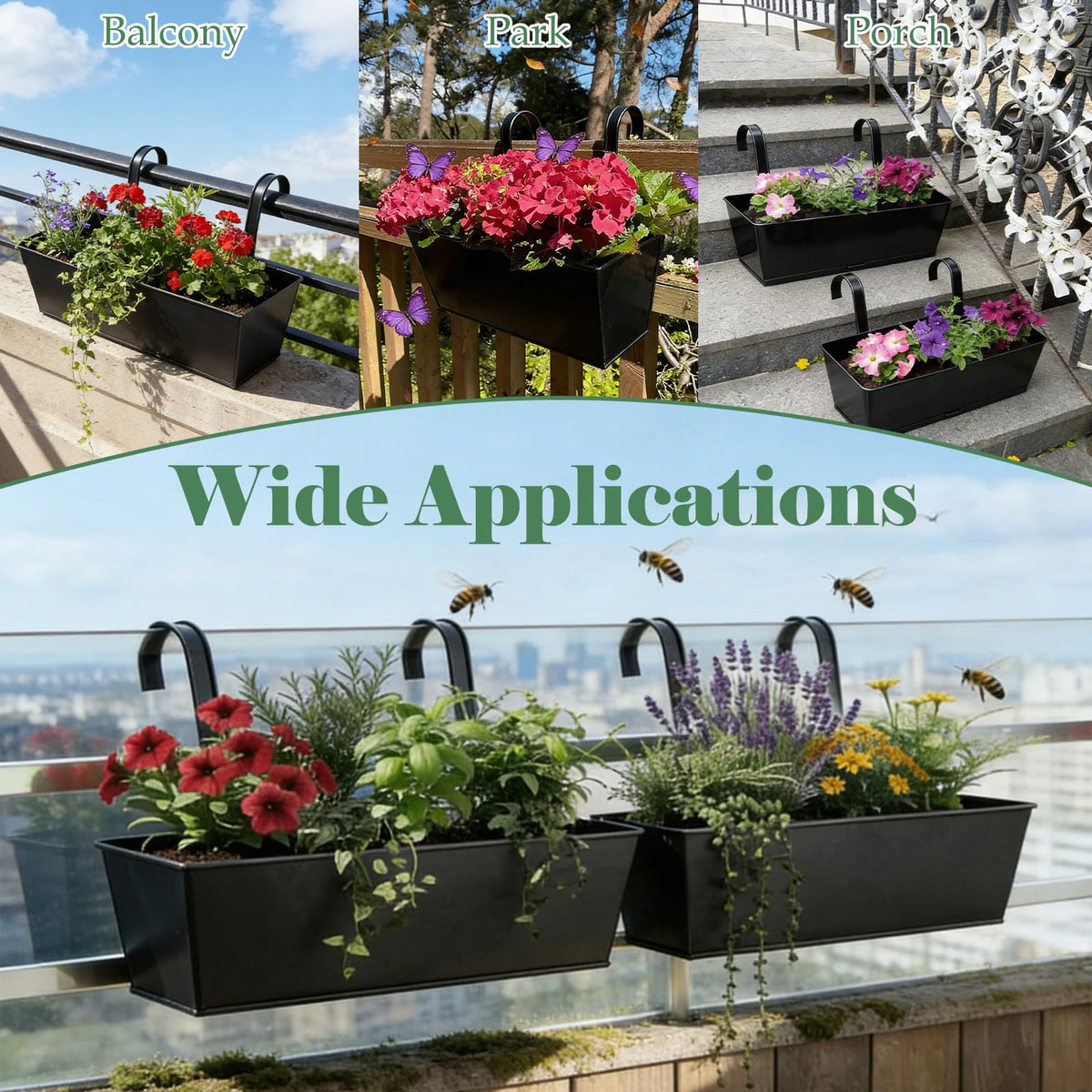 YAYODS 4 Pack Metal Railing Planter Box for Outdoor 16 Inch Hanging Flower Pots for Railing Fence, Deck Hanging Balcony Planters for Garden, Porch, Window (Black)