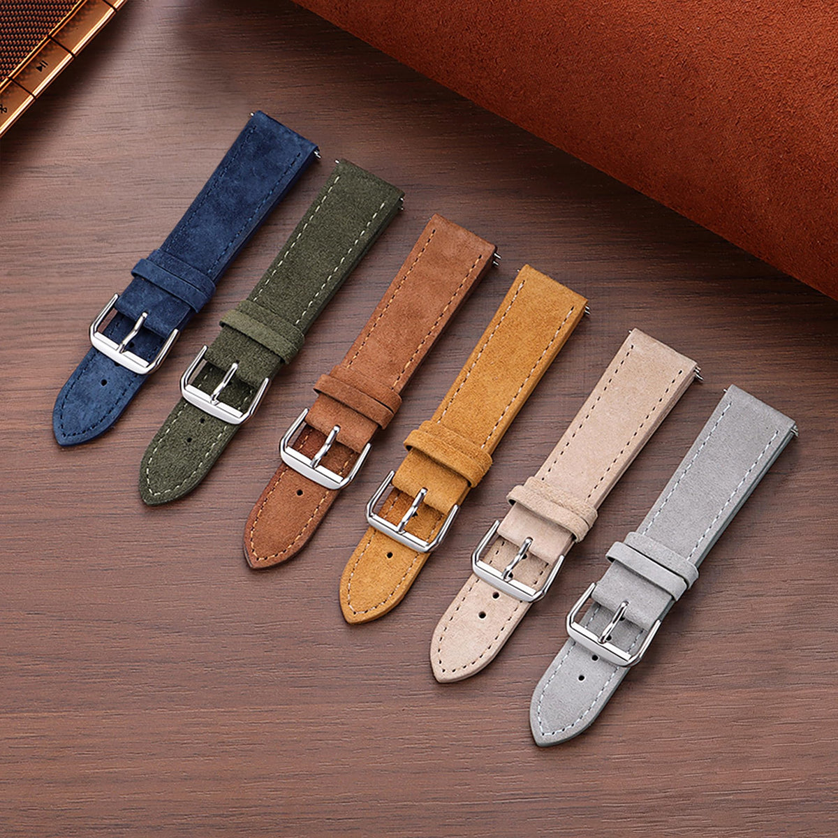 JUNGHELE Suede Leather watch bands for men and women, Quick Release leather watch strap with Silver Buckle watch leather strap,Brown 22mm watch band WBG0206