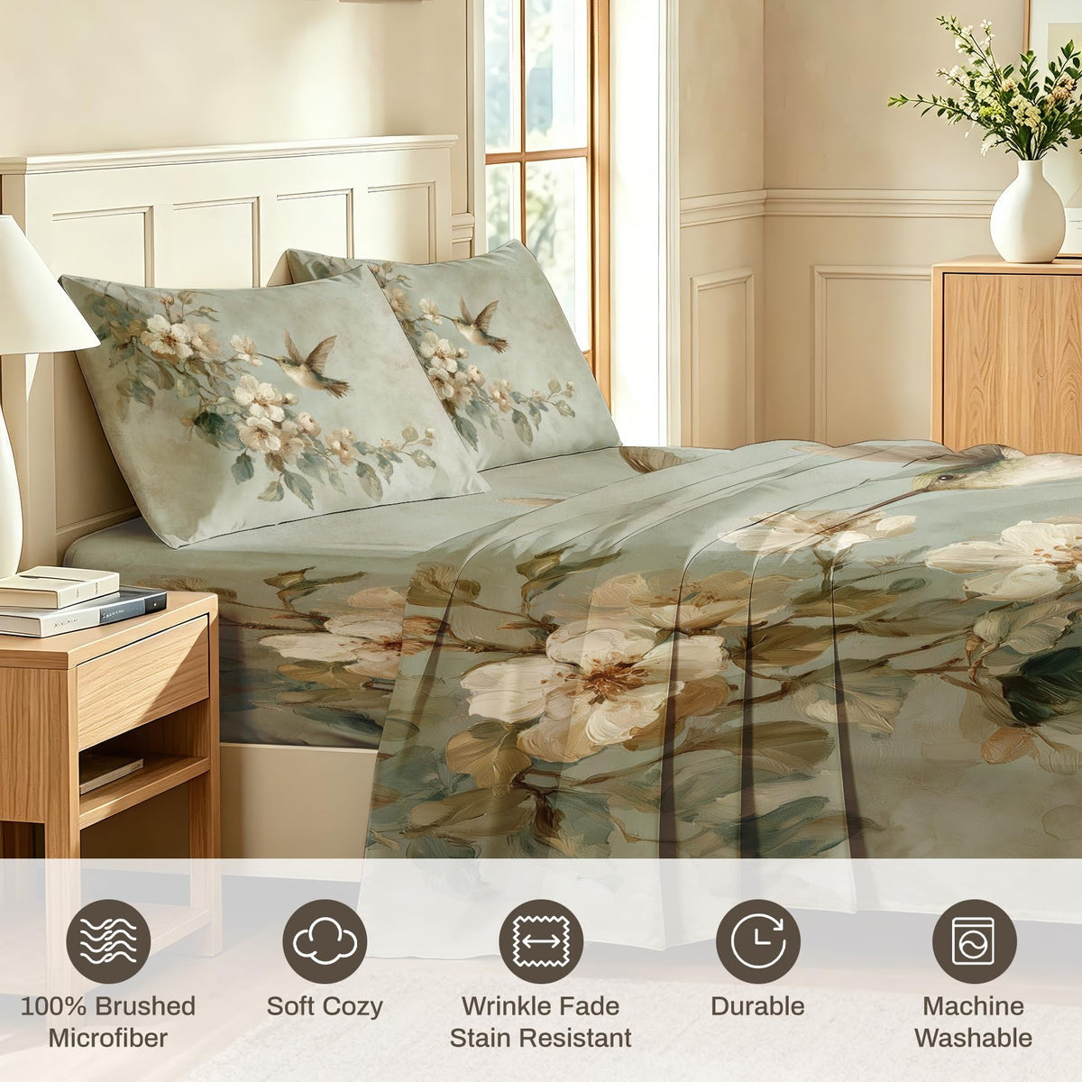 Bird and Flower Bedding Set 4 Pcs Hummingbird Full Sheets