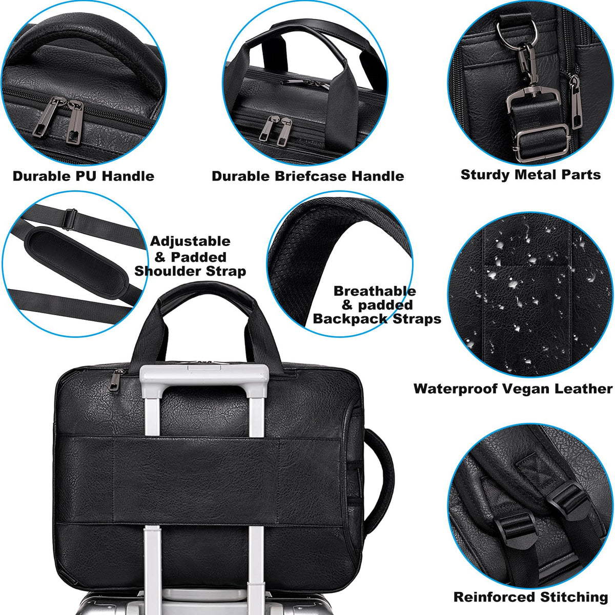 weiatas 3-in-1 Vegan Leather Convertible Laptop Bag for Men Women, 15.6 Inch Waterproof Expandable Backpack, Computer Briefcase, Shoulder Messenger Bag & Weekend Bag for Business Travel Work (Black)