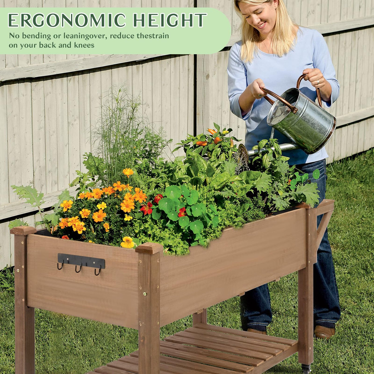 Raised Garden Bed Outdoor with Lockable Wheels, 55"x 24" x 33" Elevated Wood Planter Box for Backyard Balcony Patio , Garden Flower Beds with Drainage Holes & Storage Shelf, Gift for Gardening, Brown