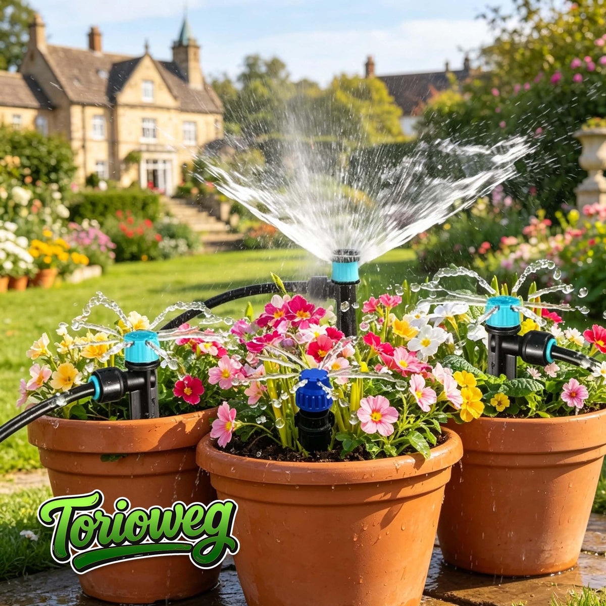 Torioweg Drip Irrigation System, 3/4" Brass Connector Garden Watering System Kit with Adjustable 360° Umbrella & Drip Emitters for Greenhouse, Garden Grid, Lawn, Potted Plant (16FT+ 79FT)