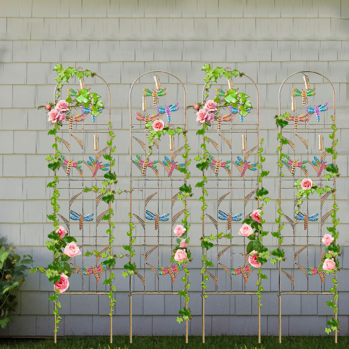 aboxoo Set of 4 Packs Dragonfly Metal Garden Trellis for Climbing Plants,Outdoor Decorative Flowers Arch Fence Trellis for Outdoor Patio,Garden,Lawn,Yard,Backyard,Wall Brackets,60'' H x 11'' W