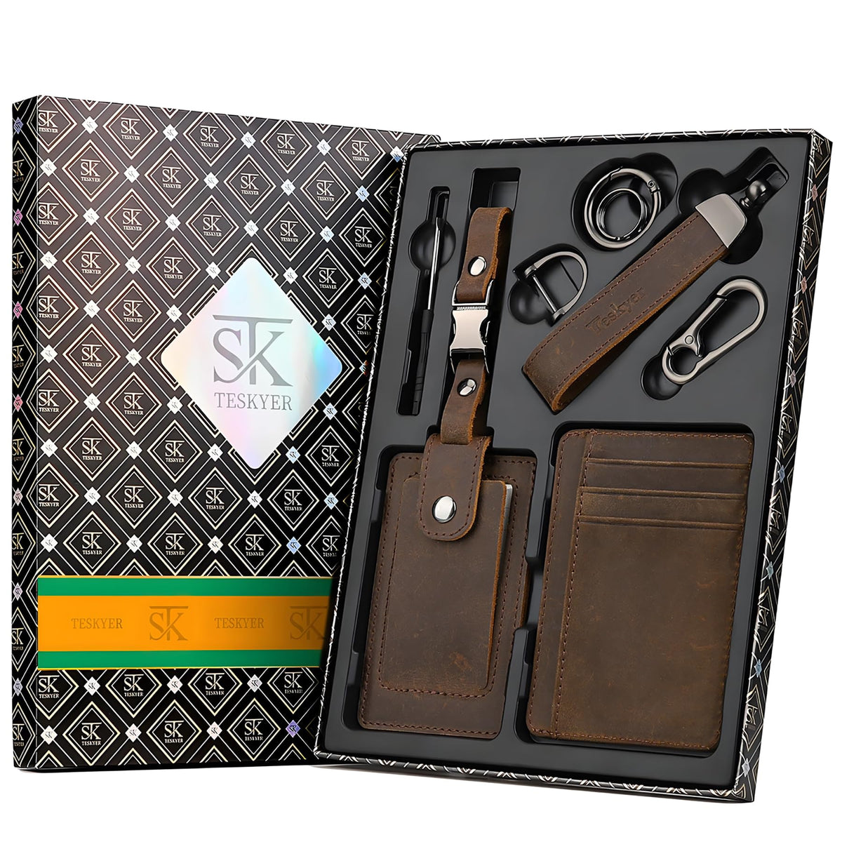 Teskyer Leather Gifts for Men, Premium Leather Gift Set with Slim Wallet, Travel Luggage Tag & Car Keychain, Elegant Gift Box for Father's Day, Birthday, Anniversary, Retirement & Graduation - Coffee