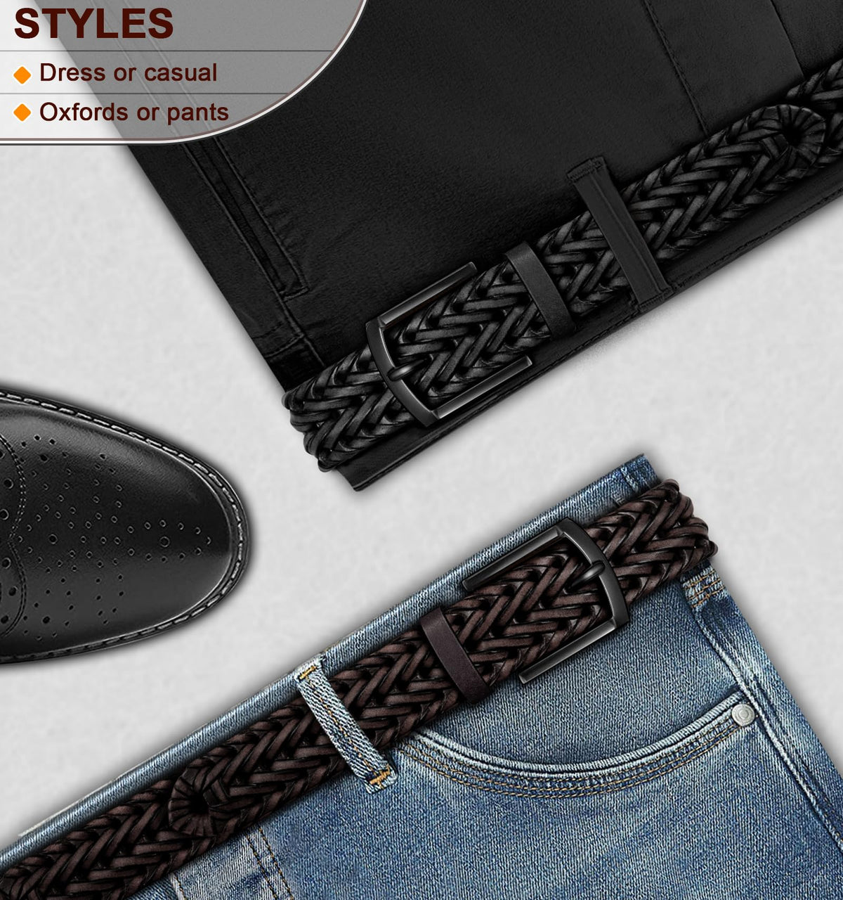BULLIANT Men Belt 2Pack,Braided Woven Leather Belt For Men Golf Casual Jeans 1 3/8"(Black/Deep Brown,26"-30" Waist Adjustable)