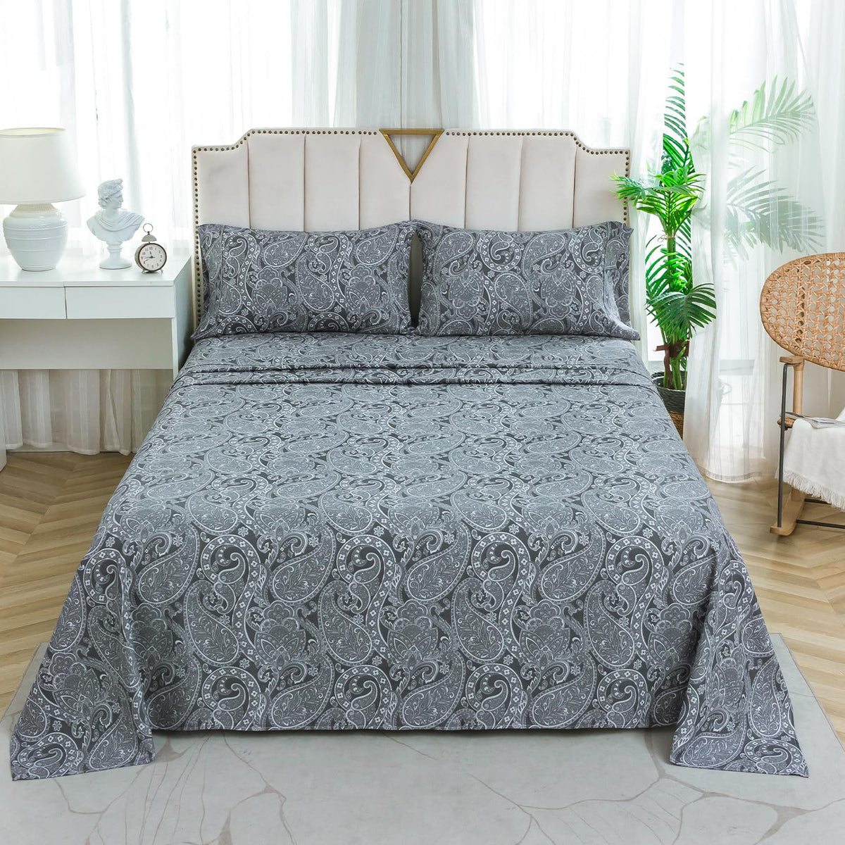 KACEMOO Bed Sheets California King Size Gray Paisley Sheets Printed Floral Sheet Set Flower Pattern Deep Pocket Fitted Bed Sheets Microfiber Soft Breathable 1800 Thread Count Double Bedding