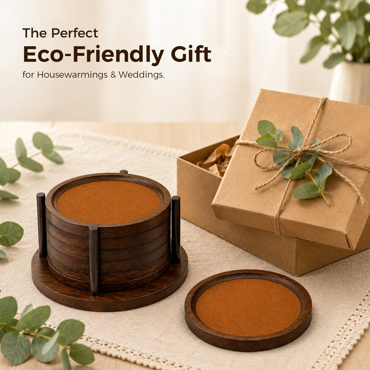 MinBoo Bamboo Coasters for Coffee Table Set of 6 Coasters for Drinks Absorbent with Holder Coffee Table Decor for Tabletop Protection Gifts for House Warming New Home & Wedding (Dark Brown 6Pcs)