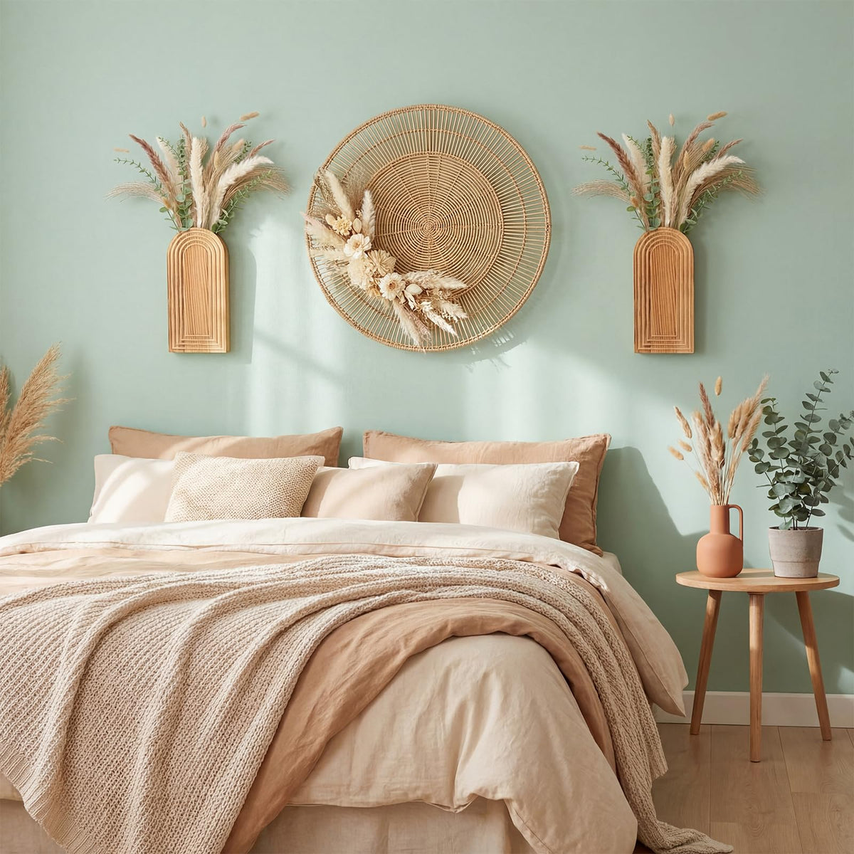 LemonRoad Boho Wooden Wall Vases Set of 2 with Artificial Eucalyptus and Pampas Grass Dried Flower Rustic Hanging Wood Planter Vase Wall Mounted Farmhouse Bohemian Decor for Home Entryway Living Room