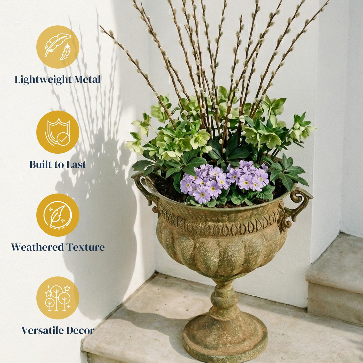 Worth Garden 18.5" H. Metal Urn Planters - Bronze Classic Antique Iron Plant Pots - Decorative Rustic Flower Pots for Outdoor Use - Traditional Urn Planter for Garden, Patio, Front Porch