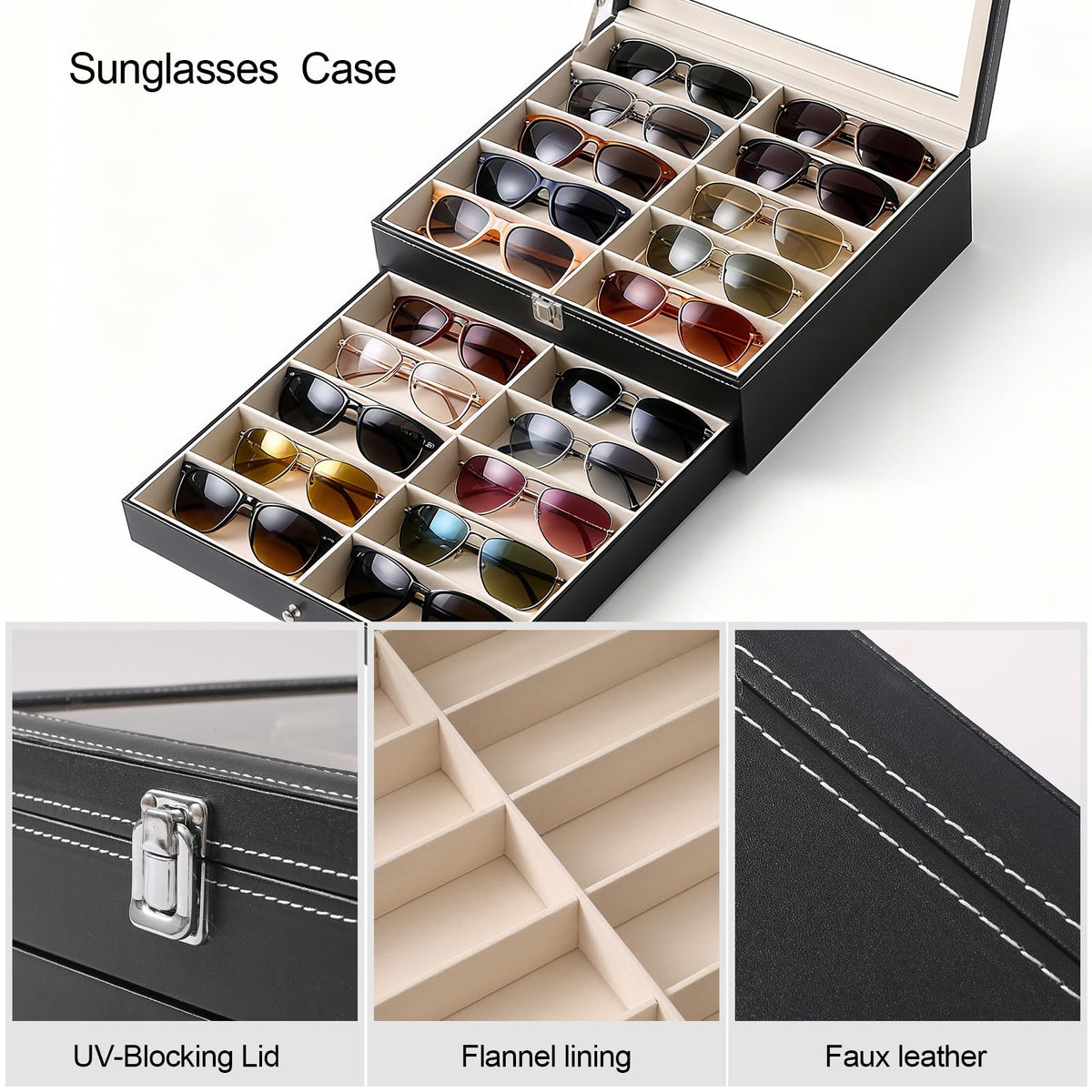 Luckybell 20 Slots PU Leather Sunglasses Organizer Jewelry Box,Multiple Pairs of Large Sunglasses Case Holder with Clear Lid