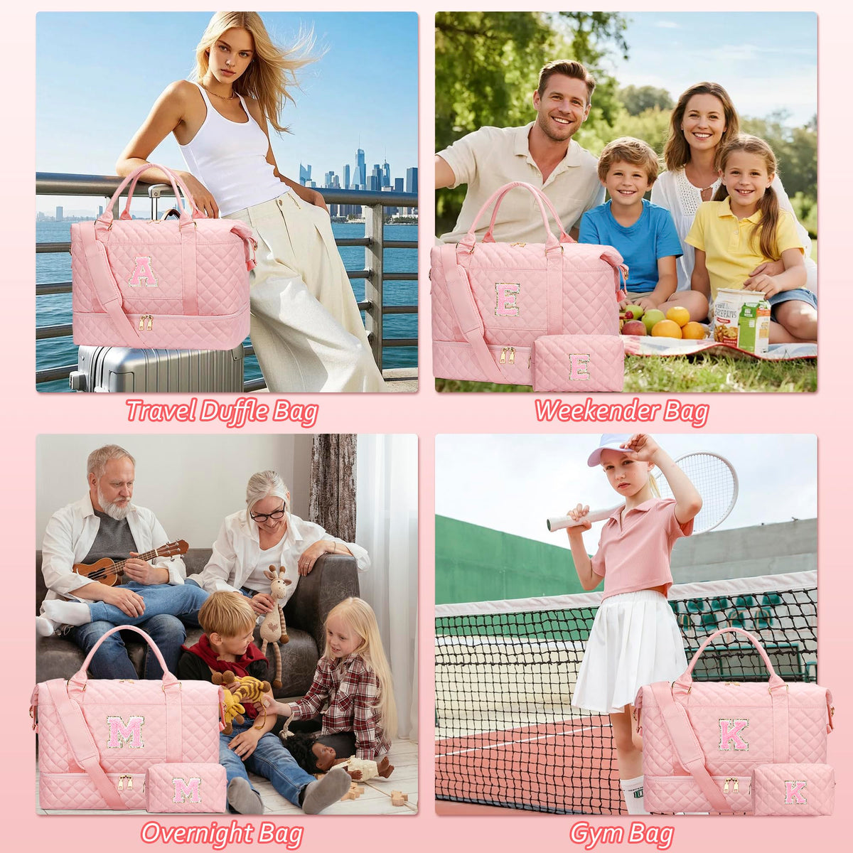 CLOUDWINGS Graduation Gift for Her Women Gift-Birthday Gifts Initial Travel Duffle Bag Quilted Weekender Carry-On Overnight with Cosmetic Bag, Gym Bag with Shoe Compartment Personalized Bag, Pink A