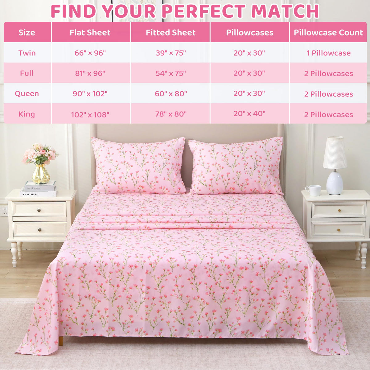 Mooreeke Cozy Floral Microfiber Printed Queen Sheet Set - Soft & Breathable Pink Flowers Bed Sheets with Deep Pocket - Non-Slip Fitted Design - Pink Flowers with Green Branches Pattern - Queen