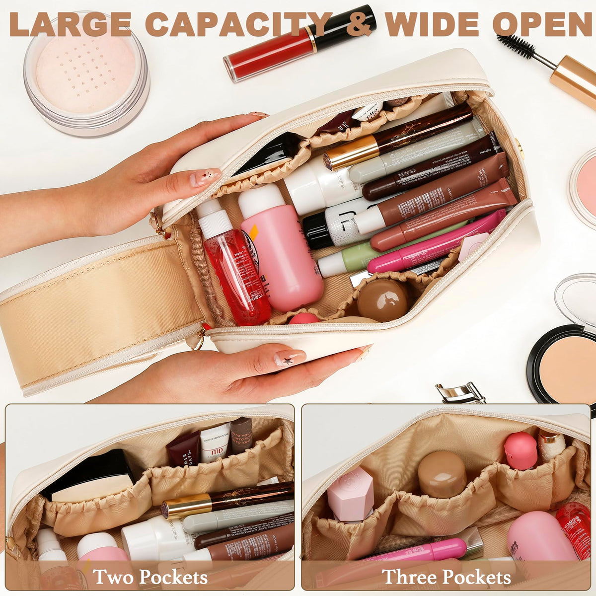 CLOUDWINGS Gifts for Women Birthday Gifts Initial Makeup Bag for Women Personalized Large Capacity Travel Toiletry Bag Cosmetic Bag Gifts for Mom-Graduation Gift for Teens Girls (Beige A)