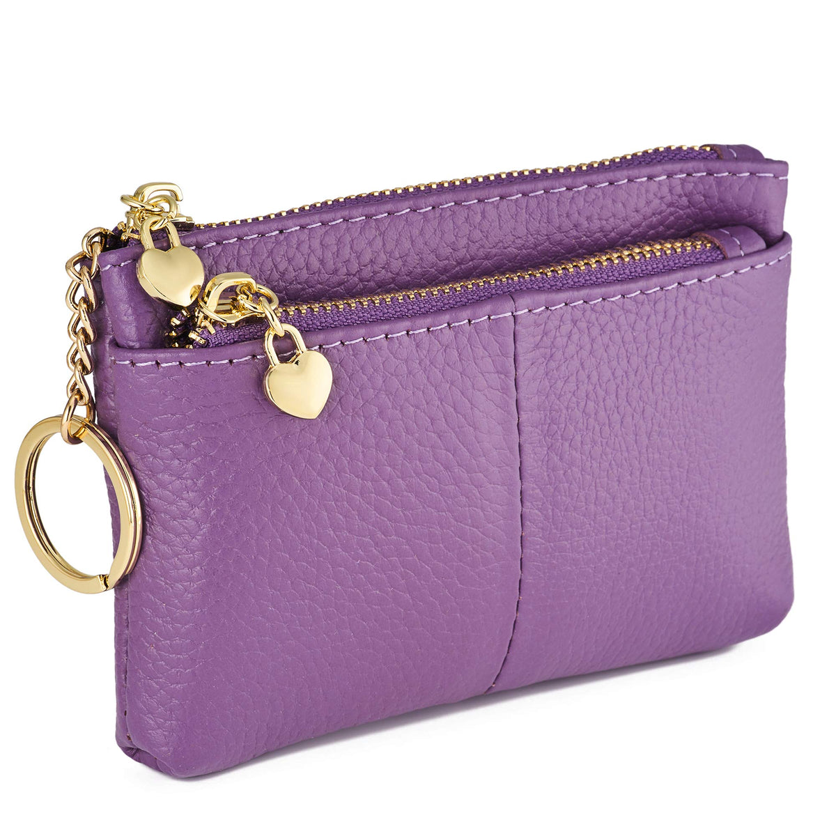 ZOOEASS Coin Purse Women Genuine Leather Zip Mini Purse With Key Ring Triple Zipper Card Holder Wallet(Lavender)